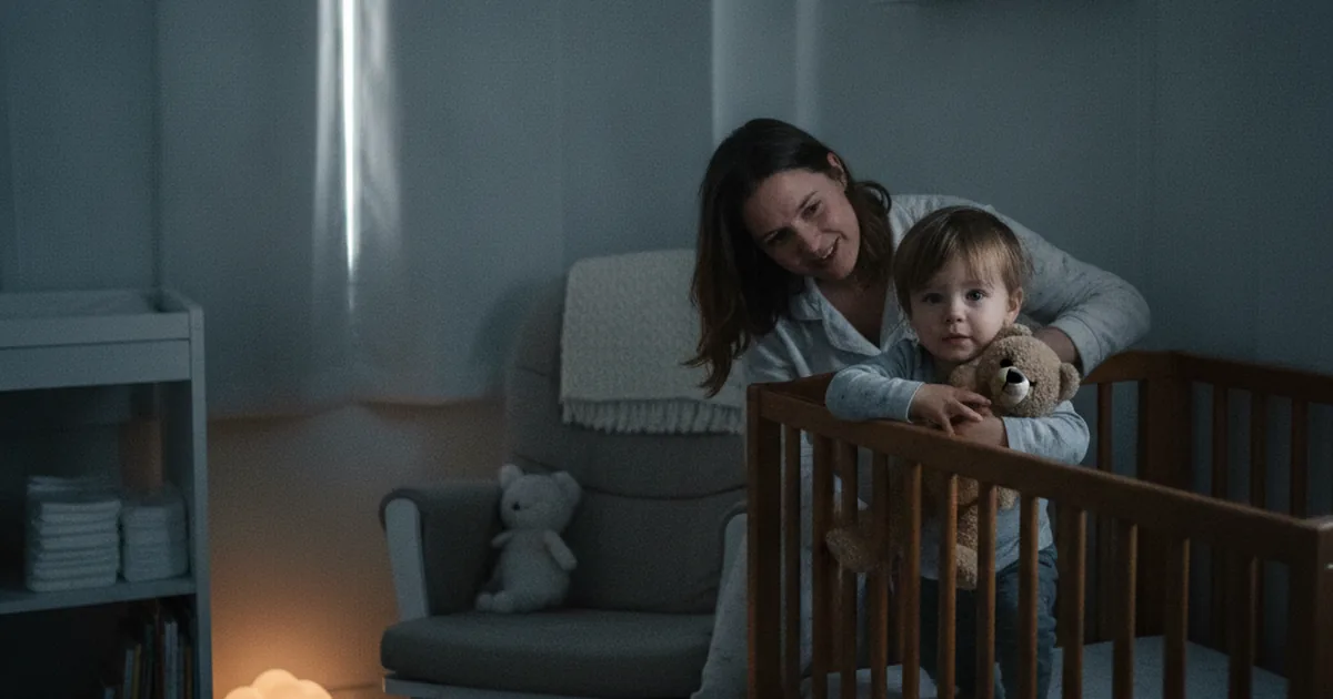 A dim nursery just before dawn, soft blue-grey light at the window, with a toddler sitting up awake in a crib while a tired parent leans in gently
