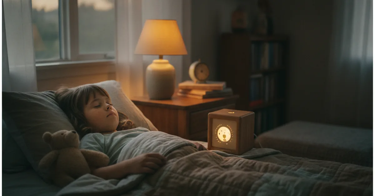 A child lying in bed at dusk listening to an audio story through a small speaker, eyes closed and calm, no screen in sight
