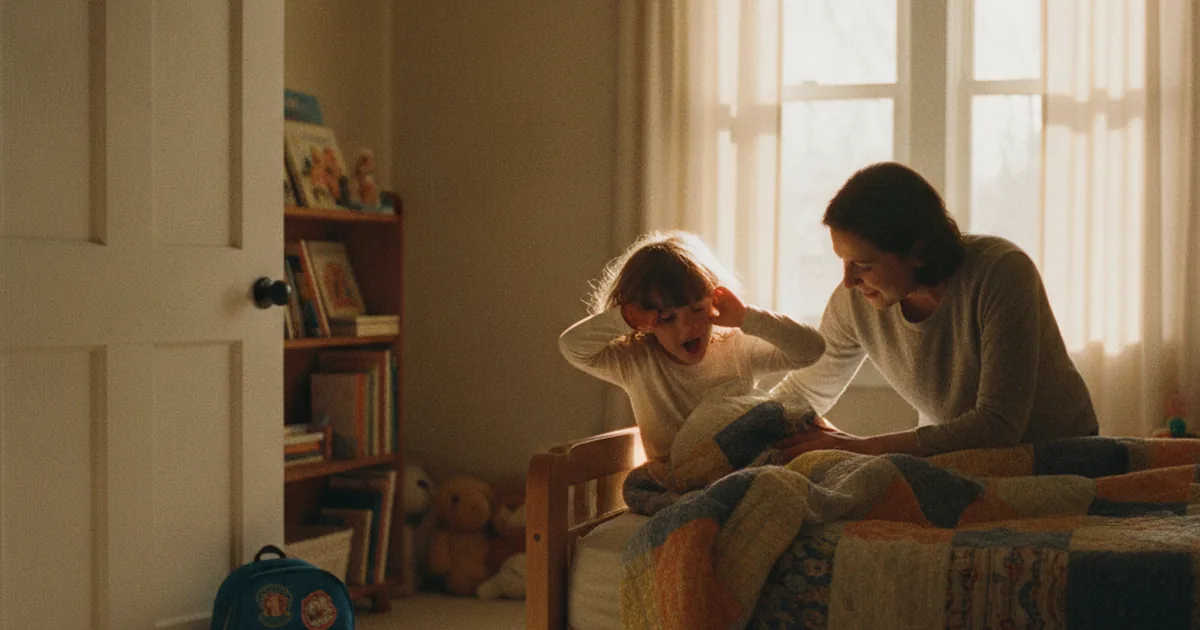 A parent gently waking a sleepy elementary-age child in a sunlit bedroom, a packed school backpack by the door, illustrating a back-to-school morning wake-up