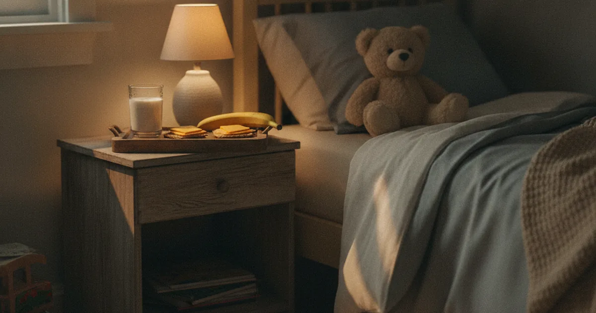 A small bedtime snack of milk, a banana, and whole-grain crackers with cheese laid out on a wooden tray beside a child's bed in a warmly lit bedroom