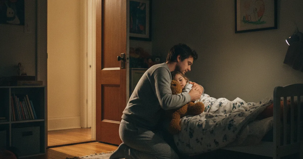 A parent kneeling beside a toddler's bed in a dim, cozy bedroom, giving a calm goodnight hug before leaving the room, illustrating a steady bedtime routine that reduces stalling and curtain calls
