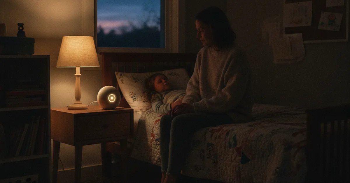 A parent and young child sitting together on the edge of a bed in a dim, screen-dark bedroom at night, listening to an audio story from a small speaker on the nightstand instead of watching a lit-up screen