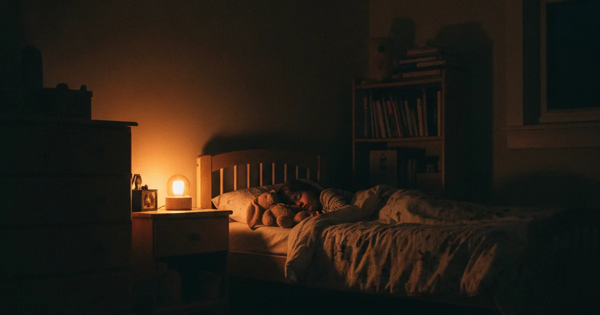 A dim amber nightlight glowing softly on a child's bedroom nightstand at night, casting a warm low light across a bed with stuffed animals