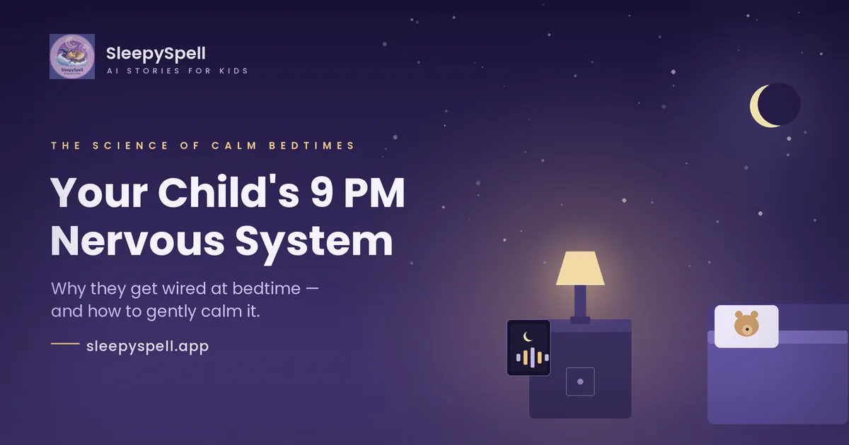 Dimly lit child's bedroom at night with a warm lamp and a screen-dark phone, illustrating how to calm a child's nervous system before bed.