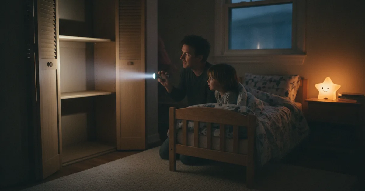 A parent kneeling beside a child's bed in a dim bedroom, pointing a small flashlight toward an open closet to show it's empty, with a warm amber nightlight glowing nearby