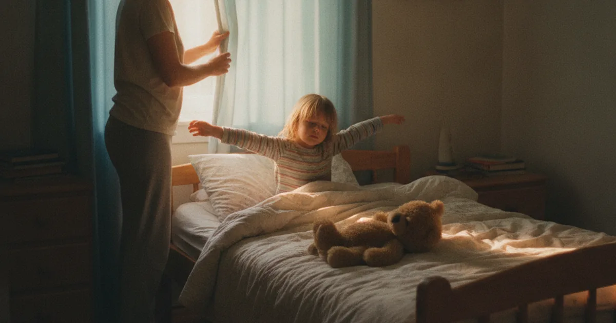 A parent gently opening bright curtains in a child's bedroom in the morning, natural daylight streaming across the bed as part of a consistent wake-up routine that helps reset bedtime