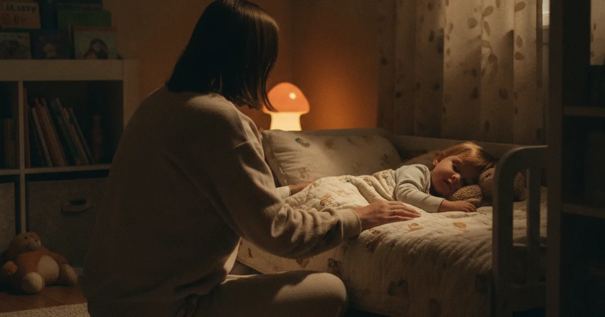 A parent sitting on the floor beside a toddler's bed in a dim, cozy bedroom, one hand resting near the child as they drift off to sleep on their own.