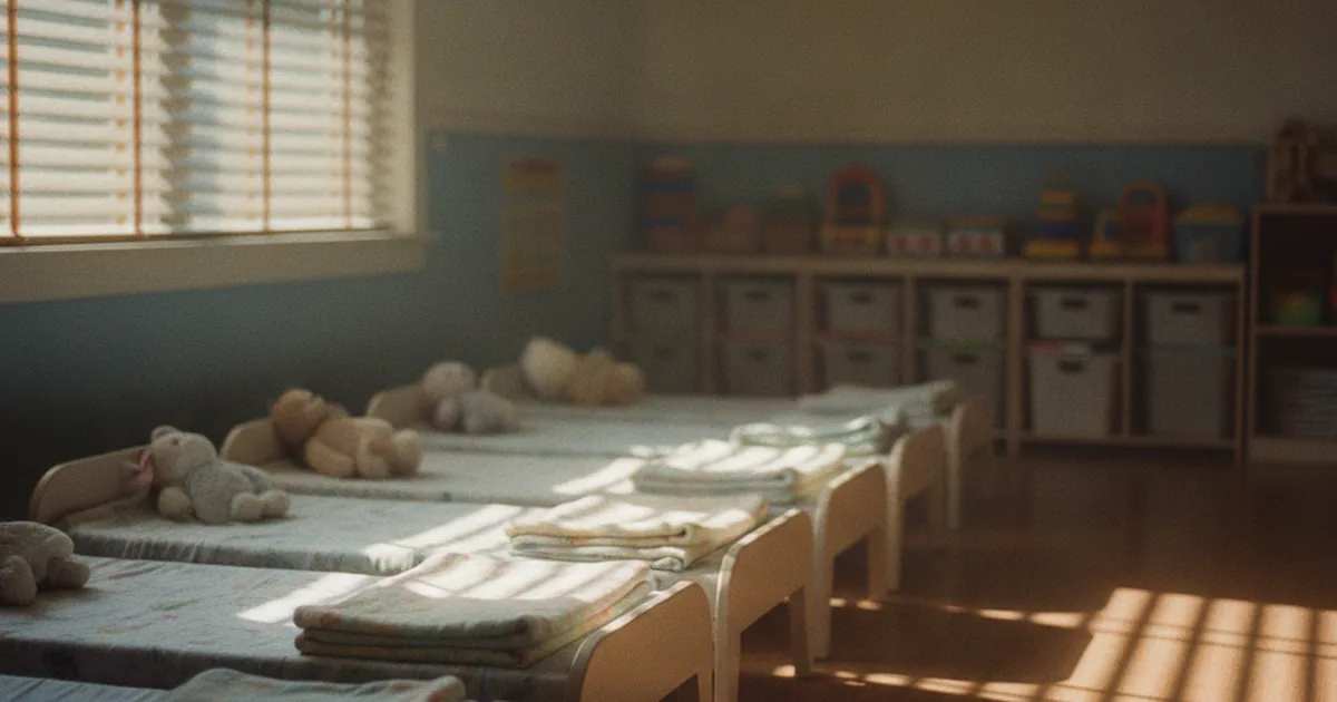 A row of small cots with folded blankets in a sunlit daycare nap room, illustrating how group nap schedules differ from a child's home routine