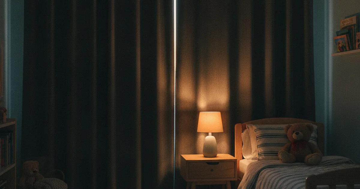 A dim toddler bedroom at dusk with heavy blackout curtains drawn over the window, a warm lamp glowing softly beside a neatly made bed