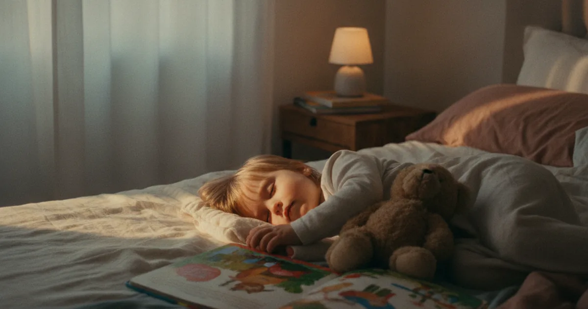 A toddler resting quietly with a picture book on a bed in a softly lit room during afternoon quiet time instead of a nap