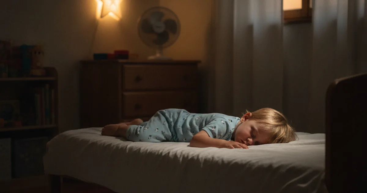 A toddler asleep in a lightly-dressed cotton pajama set on top of the sheet, a fan visible in the background of a dim bedroom on a hot summer night