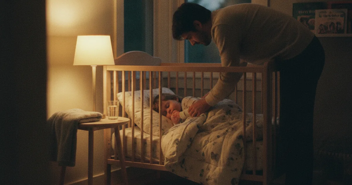 A parent tucking a sleepy young child into a crib under the warm glow of a bedside lamp at dusk, with a glass of water and a folded blanket on the nightstand.