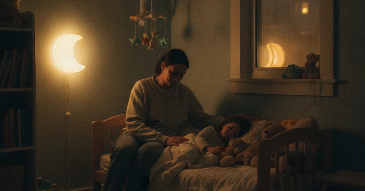 A parent sitting calmly at the edge of a child's bed in a dim nursery at night, watching over their sleeping toddler