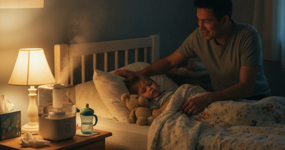 A parent sitting on the edge of a bed at night, gently checking on a sick toddler tucked in with a humidifier misting softly in the dim, lamplit room