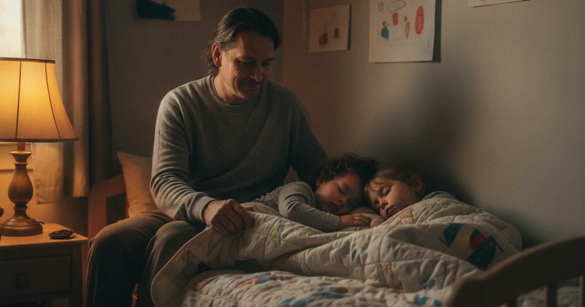 A single parent sitting on the edge of a dimly lit bed, gently tucking in two young children at bedtime with no other adult in the room