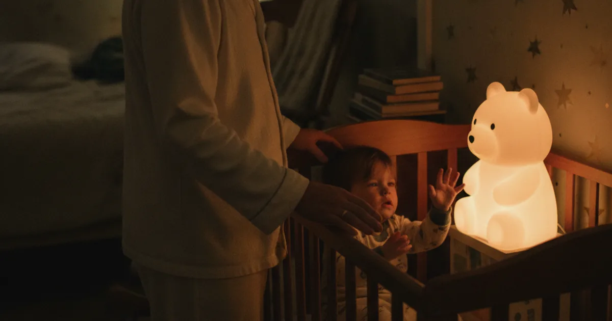 A parent gently soothing a toddler who has woken in the night, standing beside a crib in a dim nursery lit only by a soft nightlight, illustrating a sleep regression