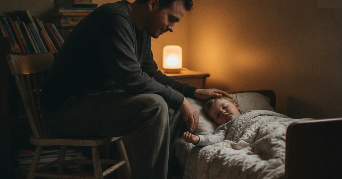 A parent sits on a low chair beside a toddler's bed in a dim, softly lit bedroom, one hand resting near the child as the child settles down to sleep.