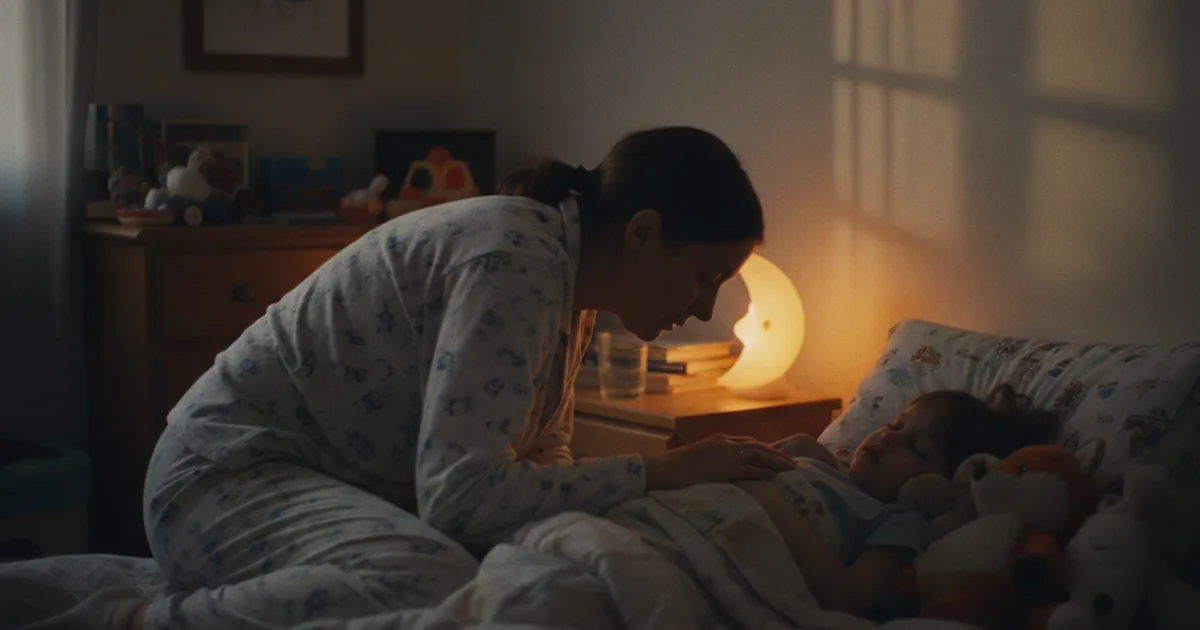 A parent leaning over a bed at night, listening closely to their sleeping child breathe, in a dim bedroom lit only by a soft nightlight