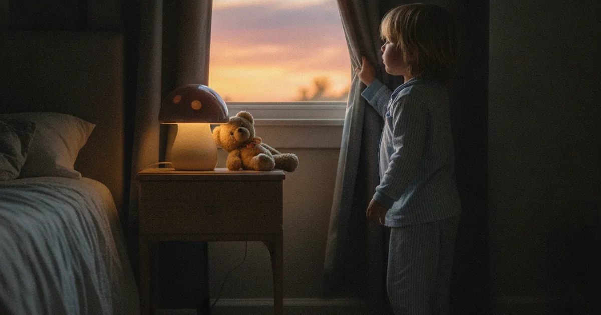 A child in pajamas standing at a bedroom window, blackout curtains half-drawn against a bright summer evening sky, a warm lamp glowing beside the bed