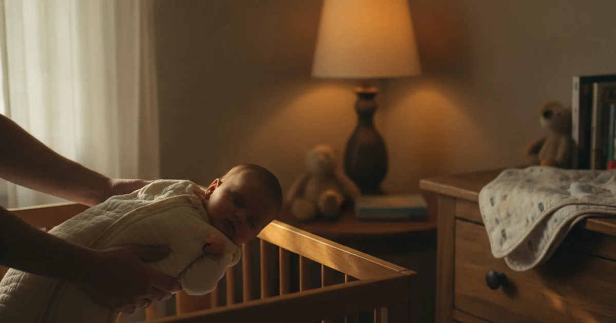 A parent gently placing a sleeping baby into a wearable sleep sack in a dim nursery at night, swaddle blanket folded on the changing table nearby