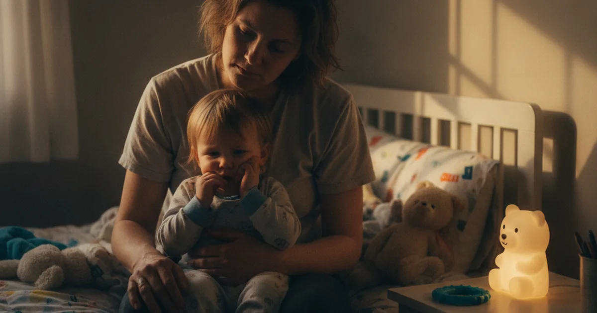 A parent gently comforting a teething toddler in a dim nursery at night, a chilled teething ring resting on the nightstand beside a soft nightlight