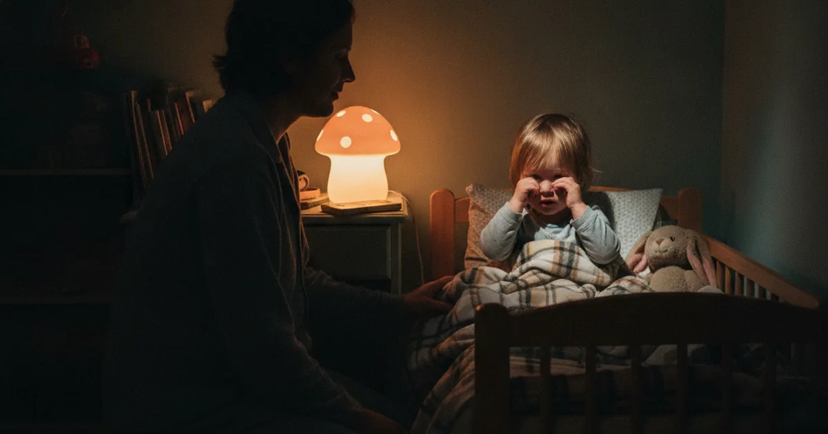 A parent kneeling calmly beside a toddler's bed in a dim, warm bedroom at night, gently keeping watch while the child stirs