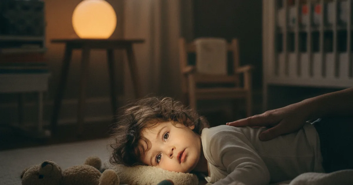 A toddler lying wide-eyed in a dimly lit bedroom, surrounded by stuffed animals, resisting sleep despite clearly being tired