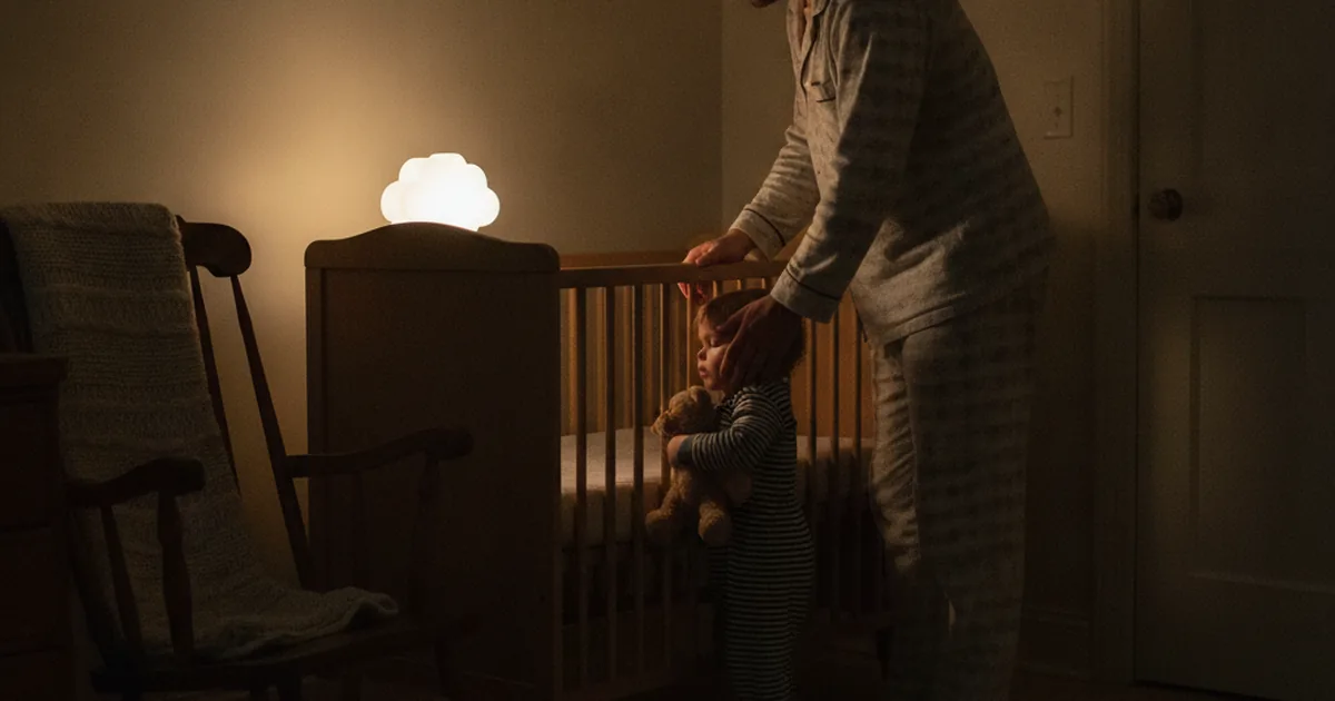 A tired parent in pajamas standing in a dim nursery at night, gently comforting a toddler who has woken up in their crib, lit only by a soft nightlight