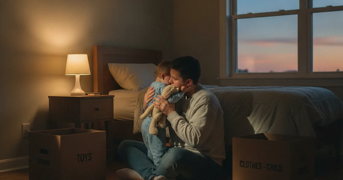 A parent sitting on the floor of a mostly unpacked new bedroom at dusk, comforting a toddler in pajamas next to a few labeled moving boxes and a familiar stuffed animal