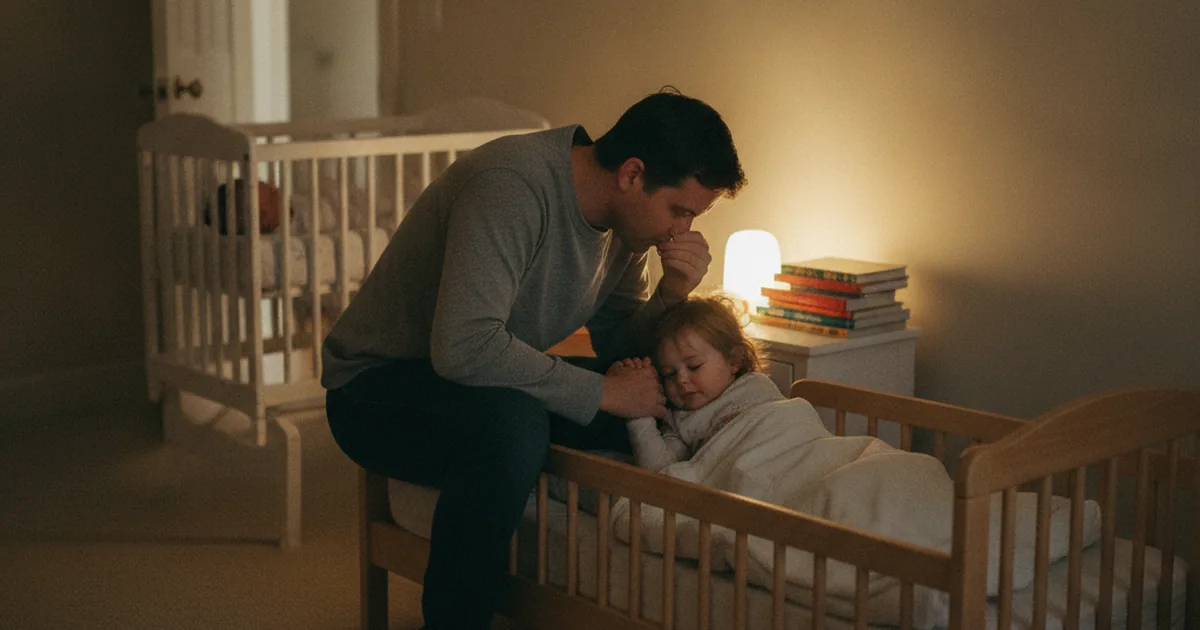 A parent sitting on the edge of a toddler's bed in a dim, warm-lit bedroom, holding the toddler's hand while a newborn baby sleeps in a bassinet visible in the background