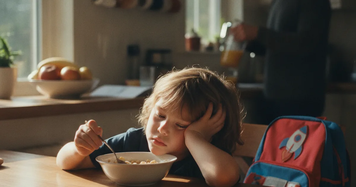 A groggy elementary-age child slumped over a bowl of cereal at the kitchen table on a Monday morning, a parent nearby checking the clock, illustrating weekend bedtime drift and social jet lag